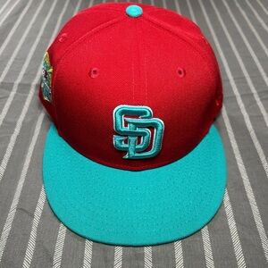 NEW ERA 59FIFTY SAN DIEGO PADRES SD CAPTAIN PLANET 50TH HAT CLUB RED TEAL 7 1/2